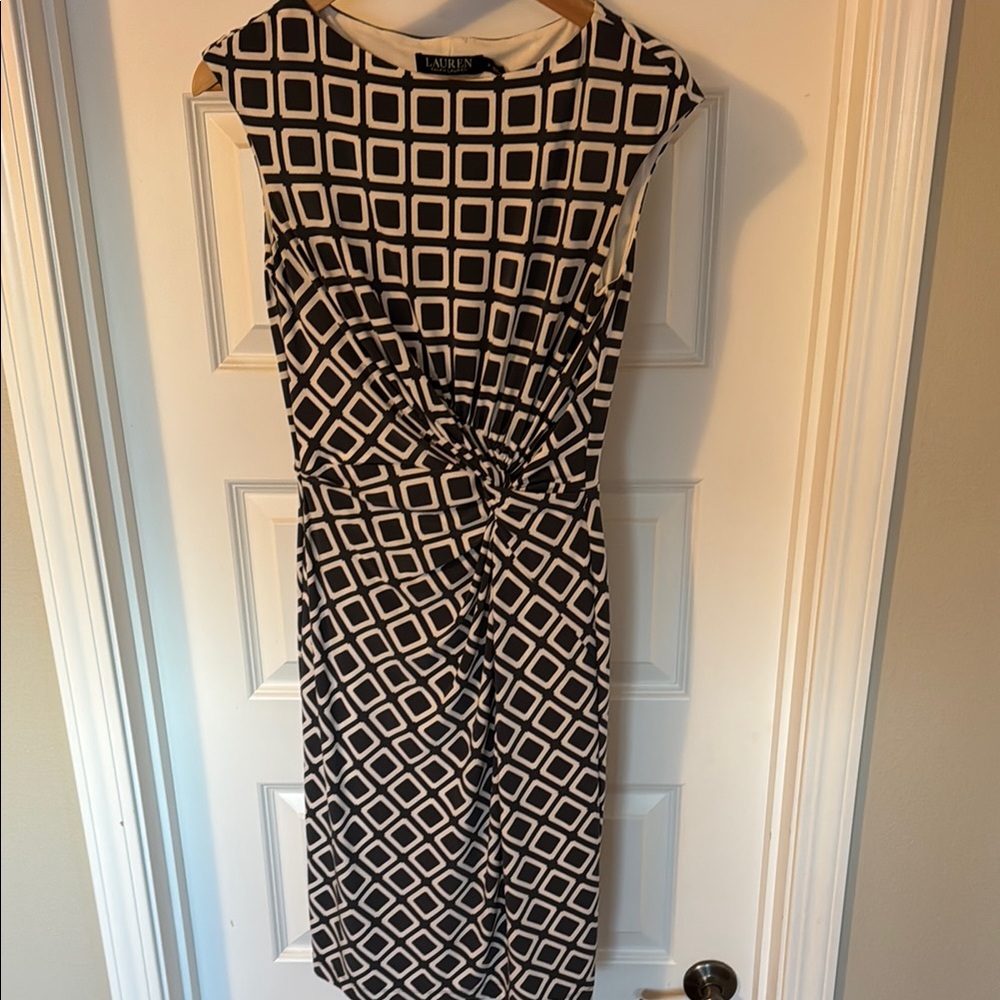 Lauren Ralph Lauren Blue and White Ruched Sheath Midi Dress